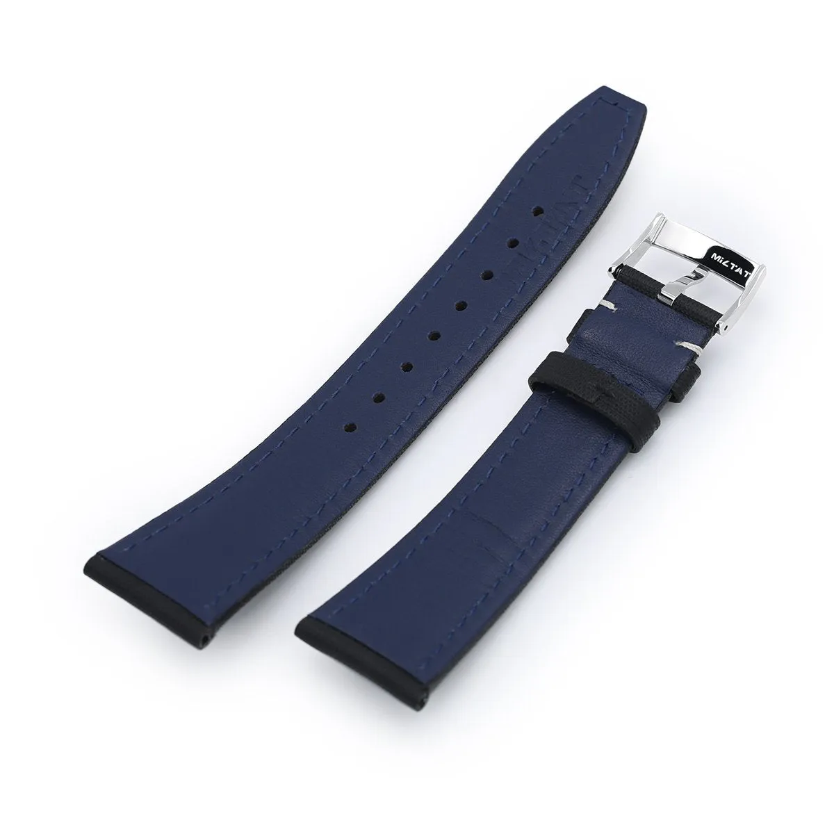 20mm or 22mm Black Woven Texture Watch Strap, Beige Stitching, Polished