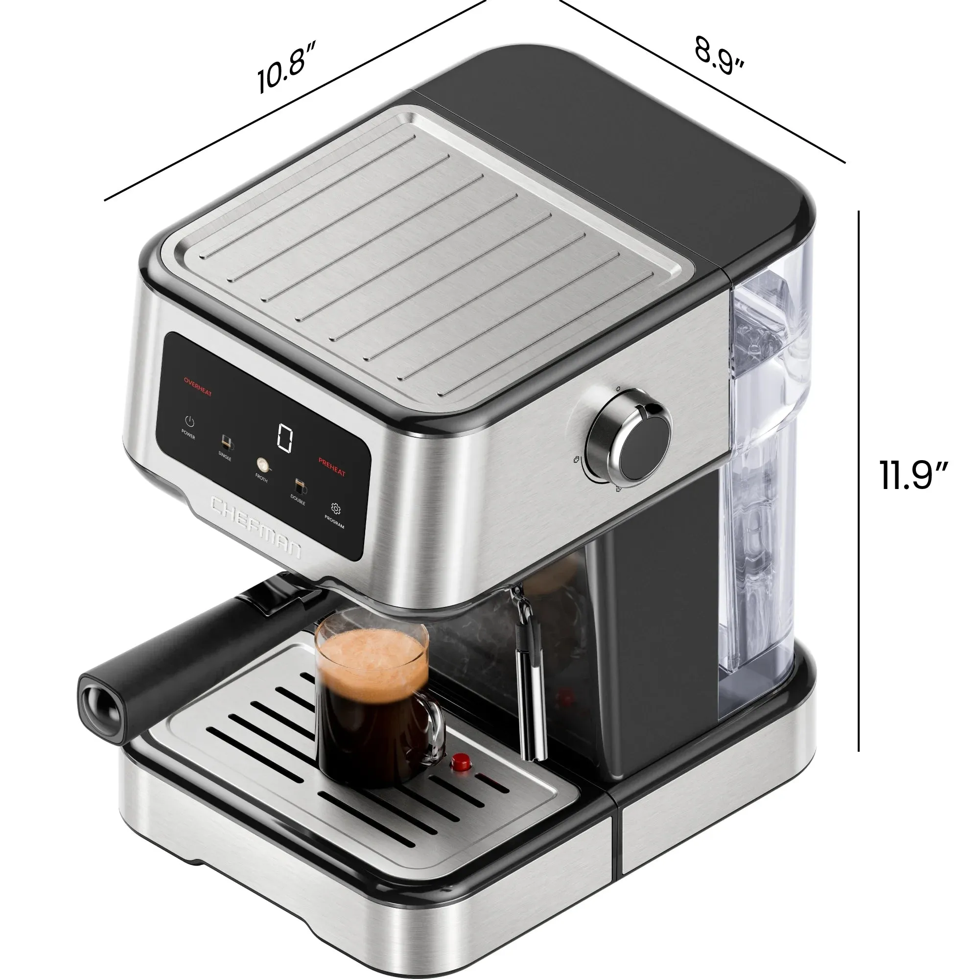 Chefman CraftBrew 15-Bar Espresso Machine w/ Steam Wand and Touch Controls  Stainless Steel, New