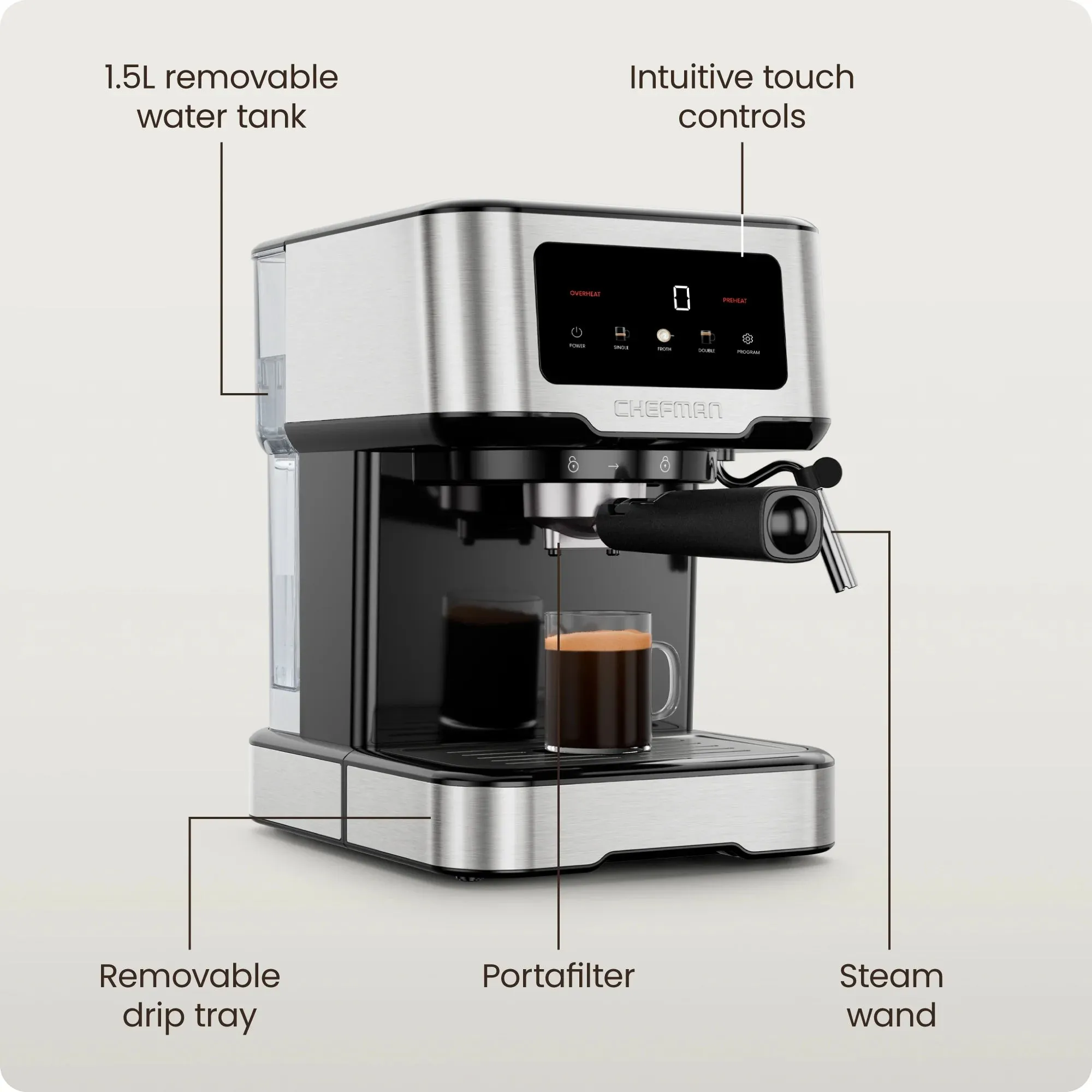 Chefman CraftBrew 15-Bar Espresso Machine w/ Steam Wand and Touch Controls  Stainless Steel, New