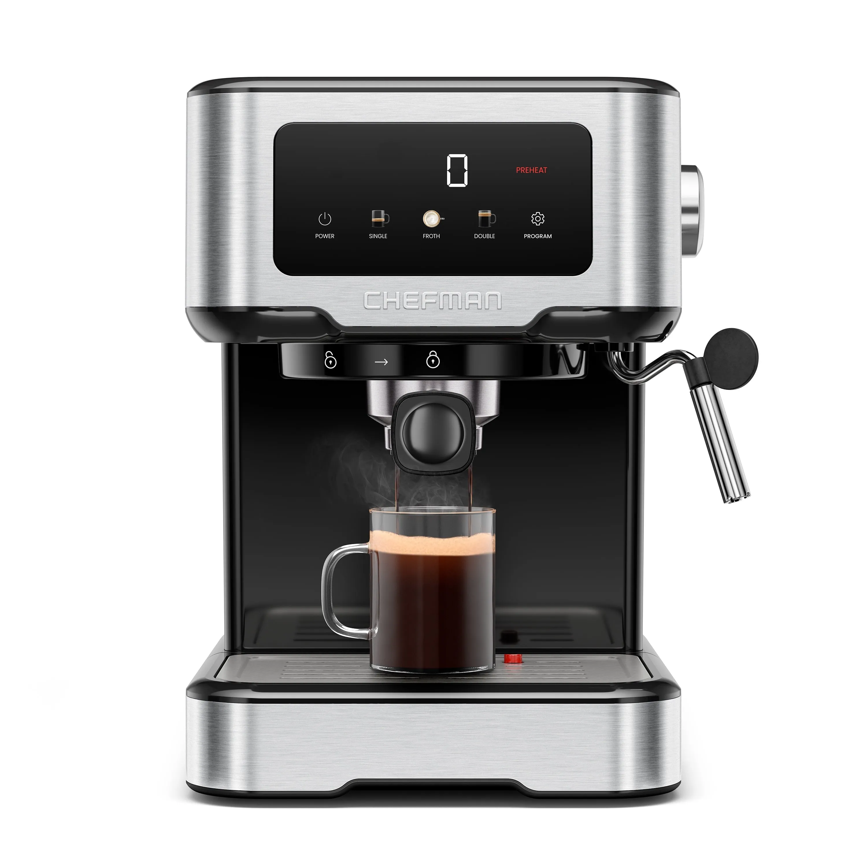Chefman CraftBrew 15-Bar Espresso Machine w/ Steam Wand and Touch Controls  Stainless Steel, New