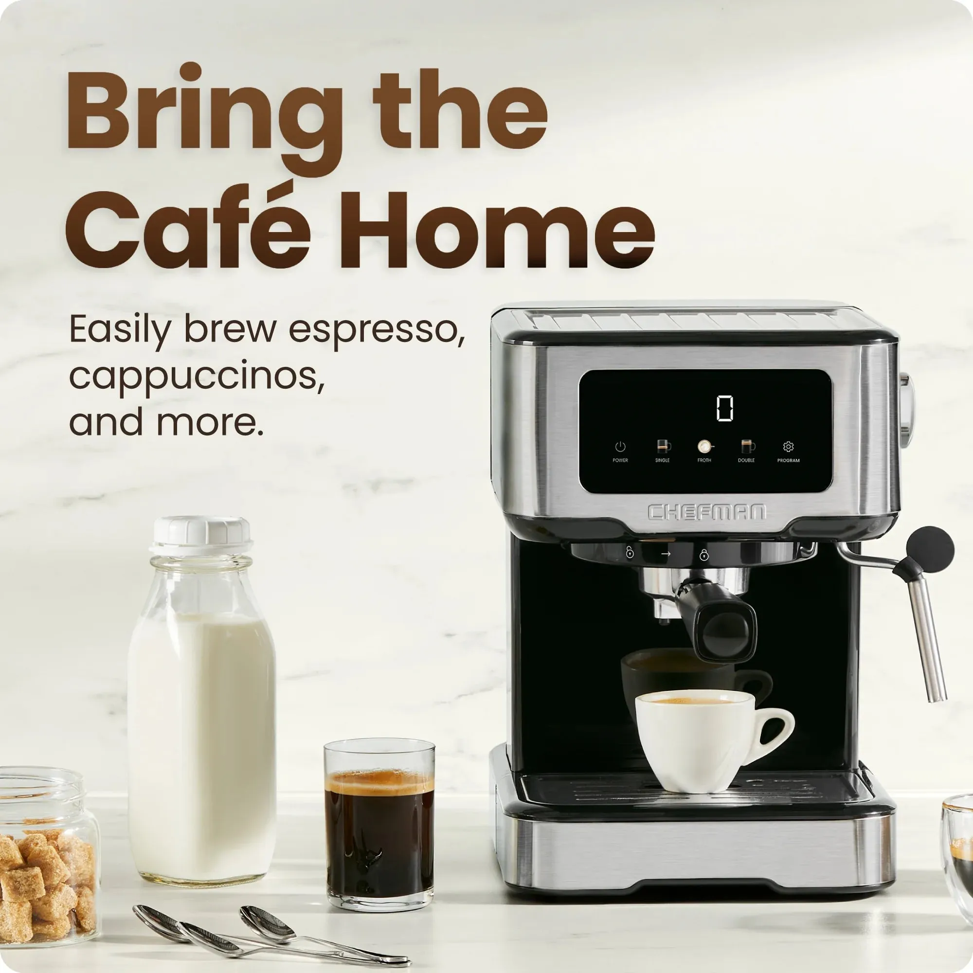 Chefman CraftBrew 15-Bar Espresso Machine w/ Steam Wand and Touch Controls  Stainless Steel, New