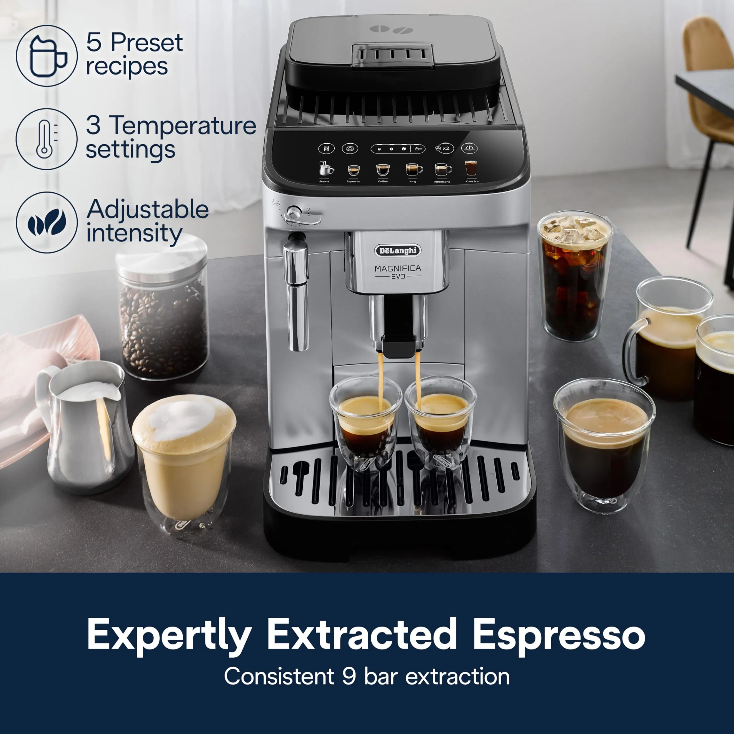 De'Longhi Magnifica Evo Automatic Espresso & Coffee Machine with Manual Milk Frother for Latte, Cappuccino, Iced Coffee, Built-in Grinder, ECAM29043SB