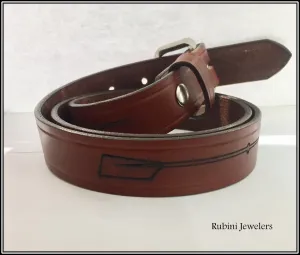 Grooved  Full Grain Leather Warm Brown Belt with Oars and Snap On Buckle