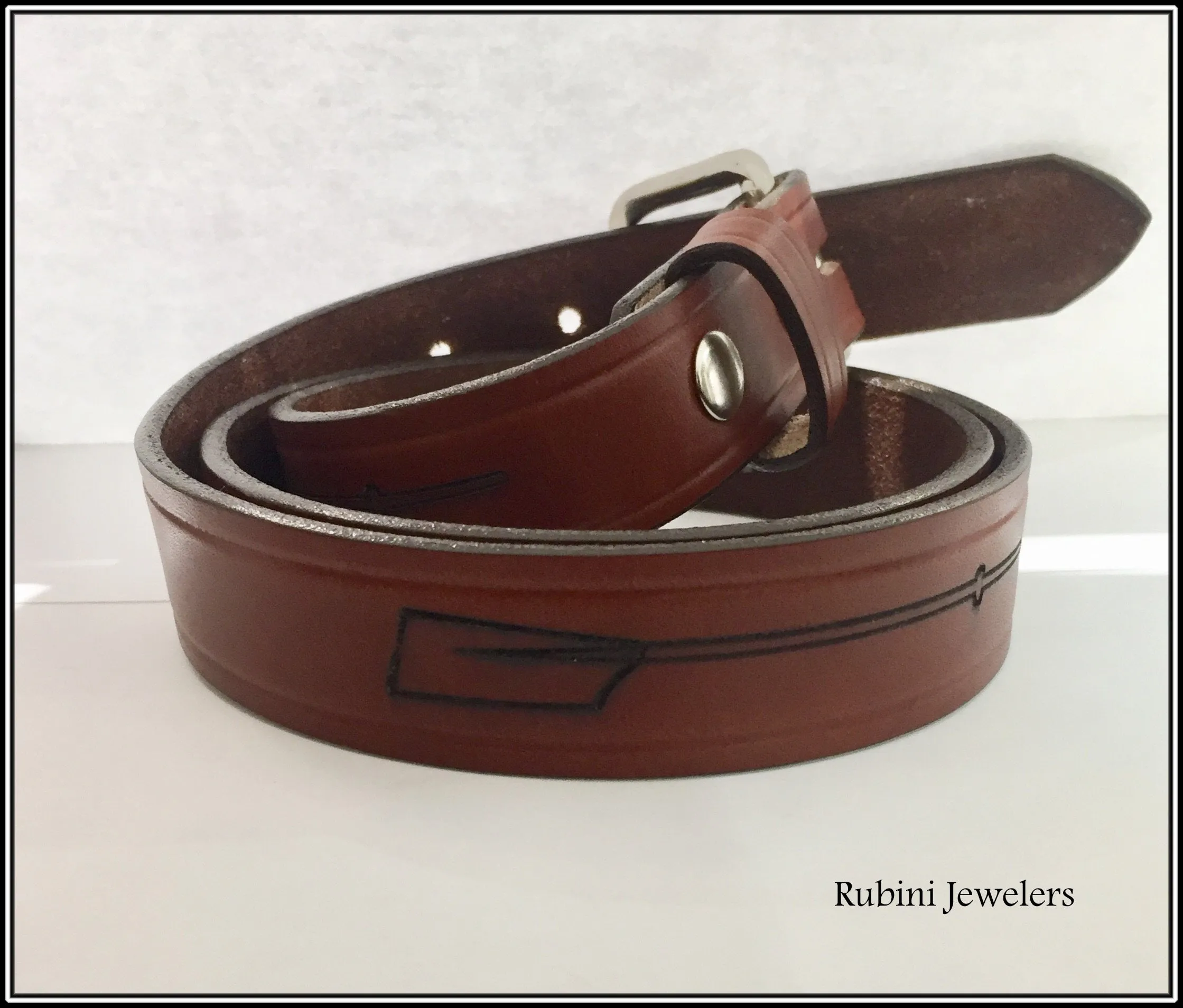 Grooved  Full Grain Leather Warm Brown Belt with Oars and Snap On Buckle
