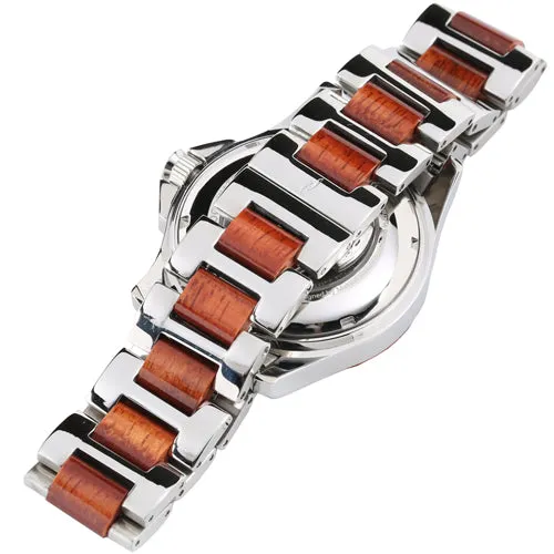 Koa Wood Stainless Steel Mechanical Watch with Center Koa Wood Dial (L)