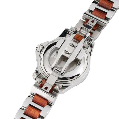 Koa Wood Stainless Steel Mechanical Watch with Center Koa Wood Dial (L)