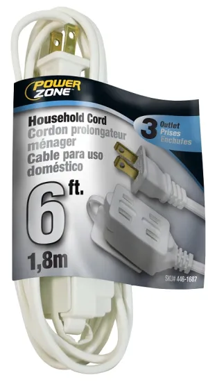 PowerZone OR660606 Extension Cord, 16 AWG Cable, 6 ft L, 125 V, White :EA: QUANTITY: 1