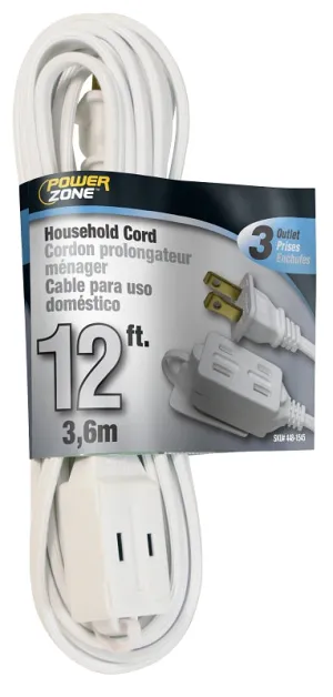 PowerZone OR660612 Extension Cord, 16 AWG Cable, 12 ft L, 125 V, White :EA: QUANTITY: 1