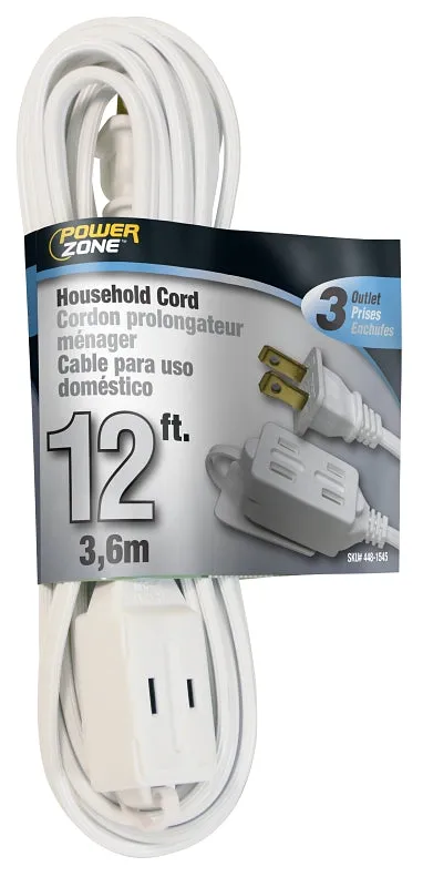 PowerZone OR660612 Extension Cord, 16 AWG Cable, 12 ft L, 125 V, White :EA: QUANTITY: 1
