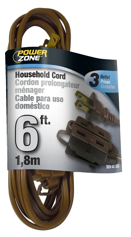 PowerZone OR670606 Extension Cord, 16 AWG Cable, 6 ft L, 125 V, Brown :EA: QUANTITY: 1