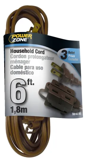 PowerZone OR670606 Extension Cord, 16 AWG Cable, 6 ft L, 125 V, Brown :EA: QUANTITY: 1