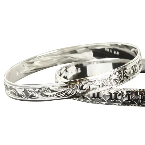 Sterling Silver Hawaiian Scroll Black Enamel KUUIPO (Sweetheart) Smooth Edge Baby Bangle 6mm/8mm