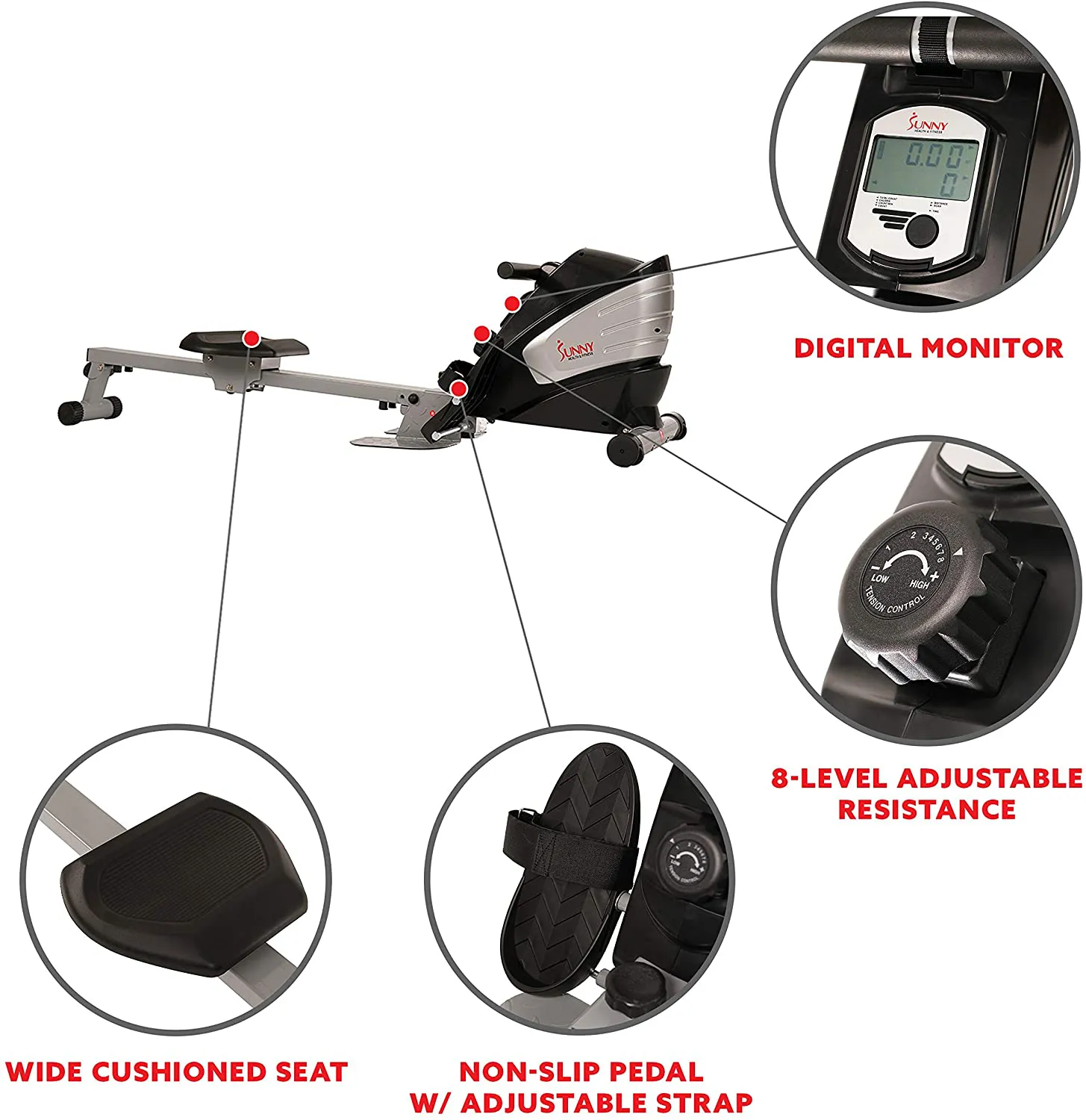 Sunny Health & Fitness Dual Function Magnetic Rowing Machine w/ Digital Monitor, Multi-Exercise Step Plates, 275 LB Max Weight and Foldable - SF-RW5622