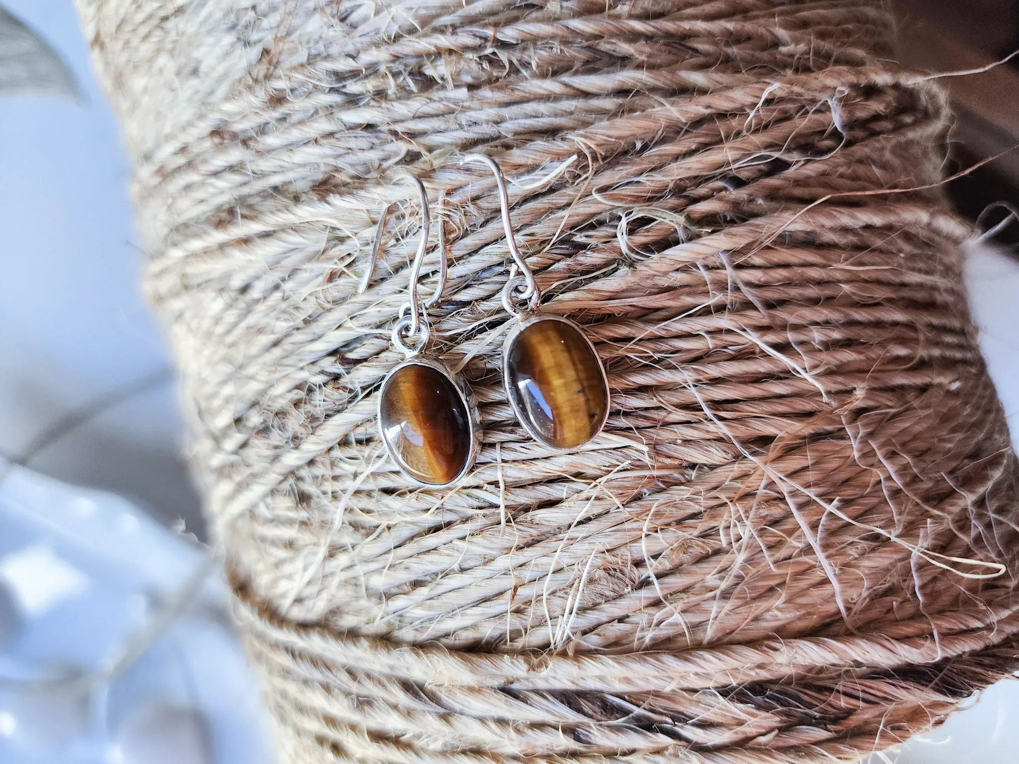 Tiger Eye Oval Drop Sterling Earrings