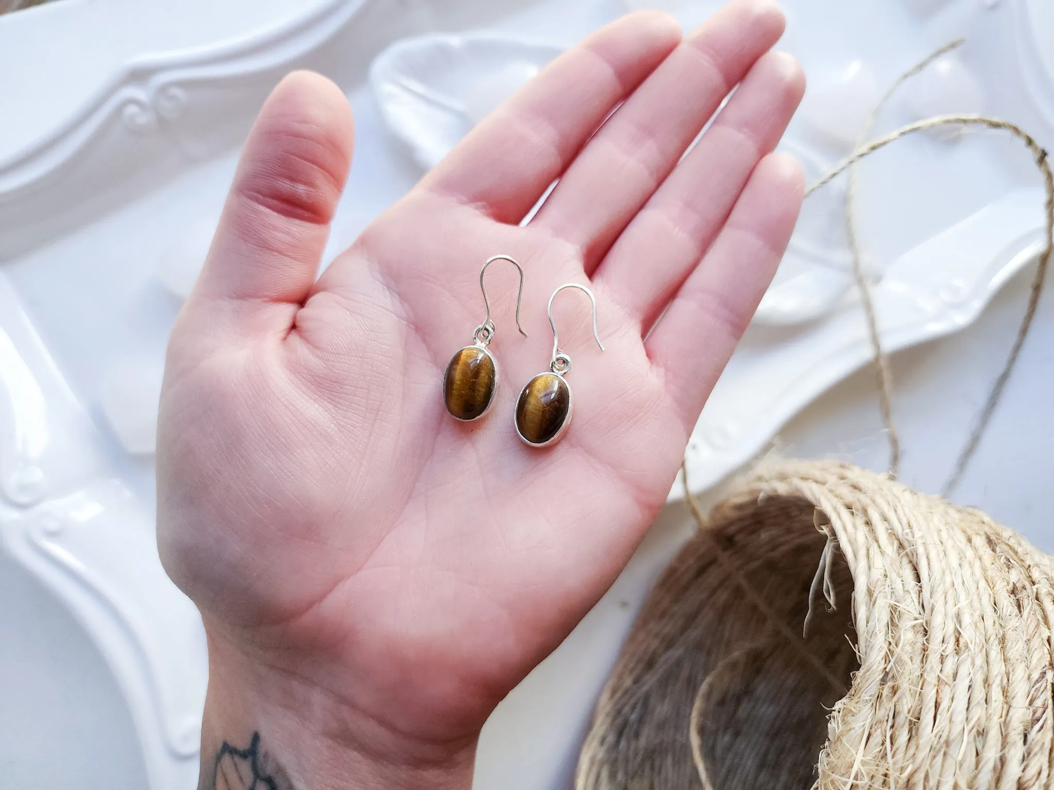 Tiger Eye Oval Drop Sterling Earrings