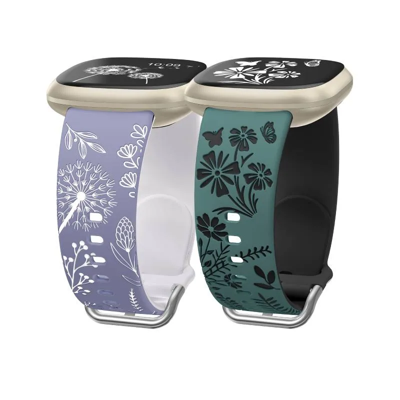 Wearlizer 2 Packs Floral Engraved Band Compatible with Fitbit Versa 4 Bands/Versa 3 Bands/Sense 2/Sense Bands Women, Cute Two-Tone Flower Soft Silicone Sport Strap for Versa 3 4 Sense 2 Watch Band