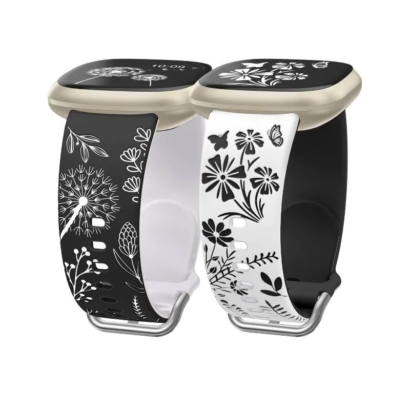 Wearlizer 2 Packs Floral Engraved Band Compatible with Fitbit Versa 4 Bands/Versa 3 Bands/Sense 2/Sense Bands Women, Cute Two-Tone Flower Soft Silicone Sport Strap for Versa 3 4 Sense 2 Watch Band